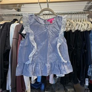 Lilly Pulitzer Blue and White Stripe Sleeveless Top with Eyelet Ruffle Detail